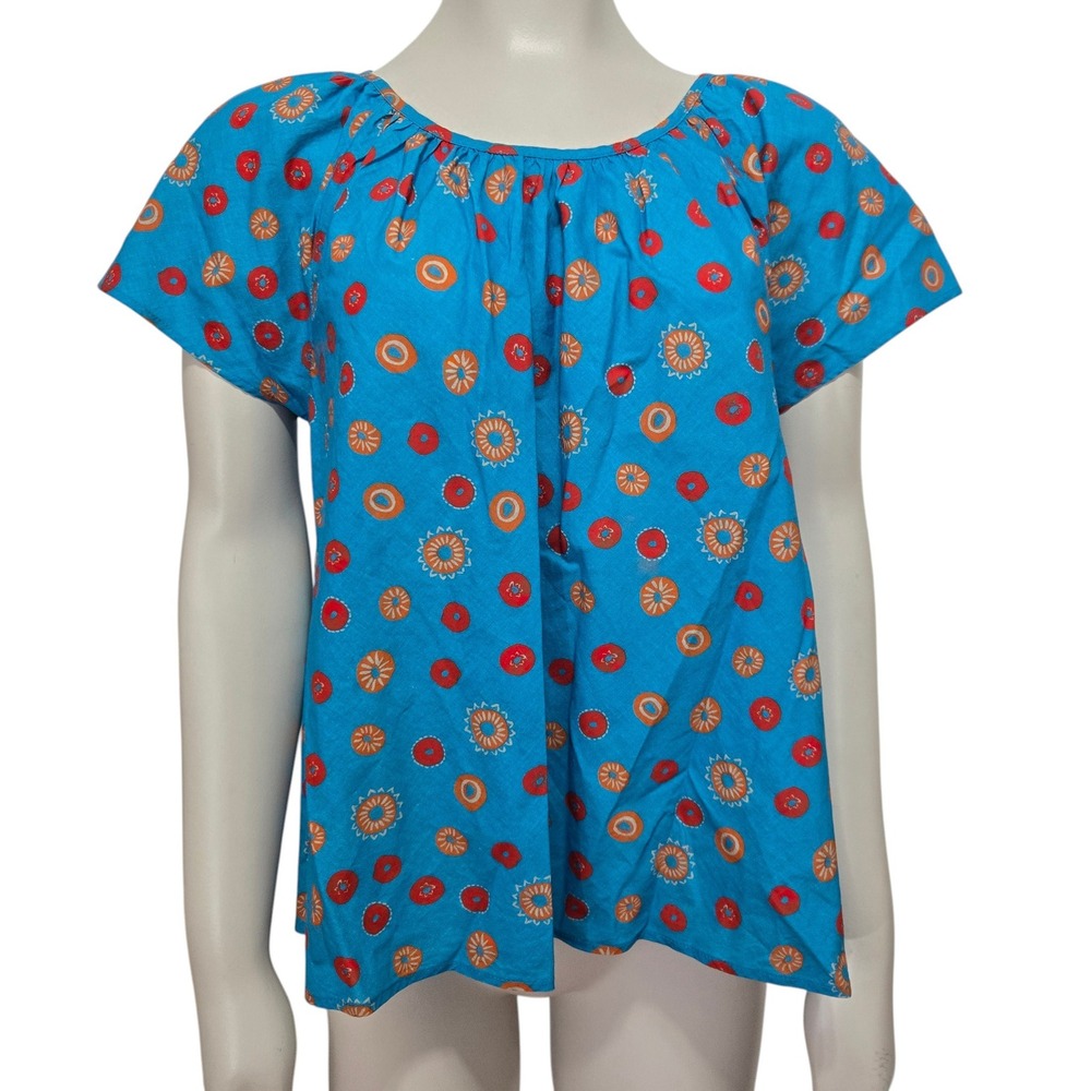 Gudrun Sjoden Blouse Women Medium Blue Organic Cotton Circle Print Short Sleeve